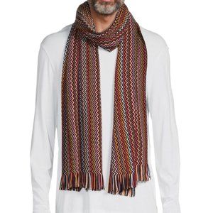 Missoni Men's Chevron Fringed Wool Blend Fashion Scarf Made in Italy Red Multi